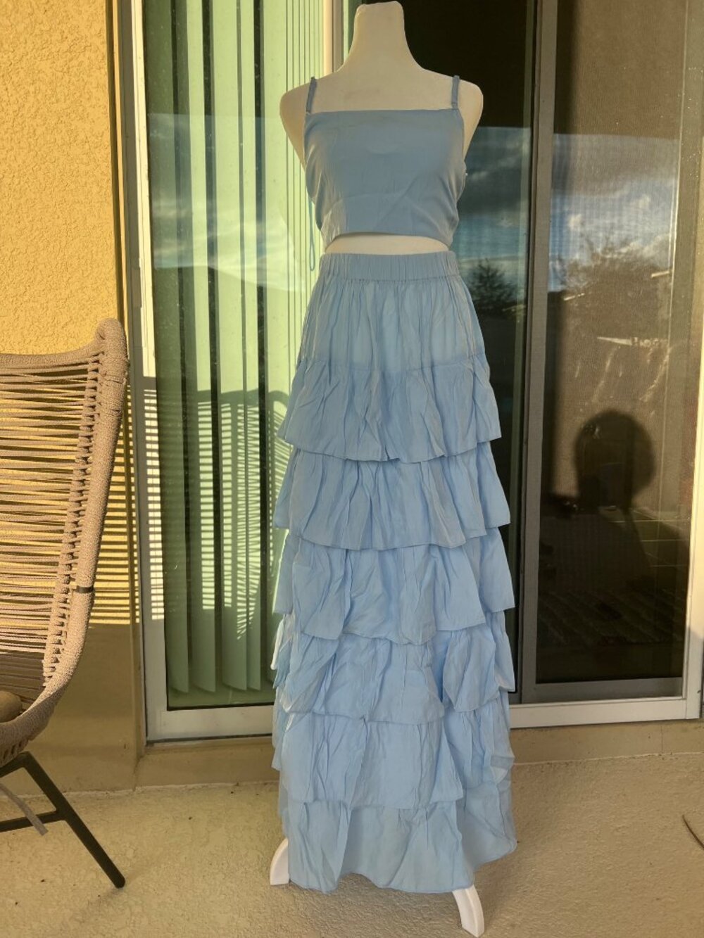 Womens Powder Blue 2 Piece Ruffle Maxi Skirt Set Co Ord Crop Top LARGE